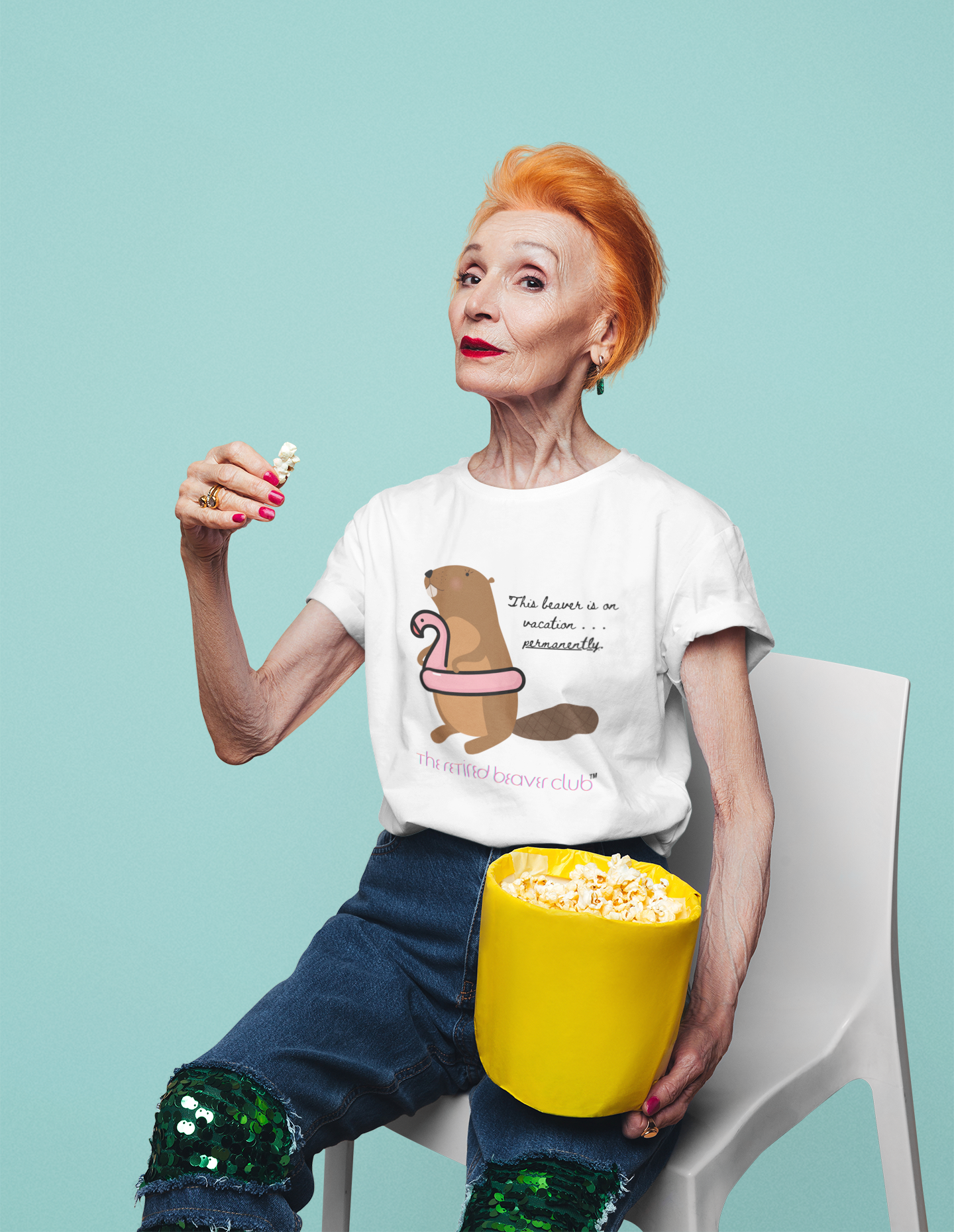 Older woman wearing a cheeky NSFW Beaver T-shirt
